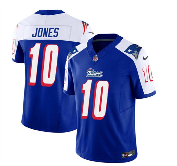 Men's New England Patriots #10 Mac Jones Blue White 2023 F.U.S.E. Vapor Limited Stitched Football Jersey Men's New England Patriots #10 Mac Jones Blue White 2023 F.U.S.E. Vapor Limited Stitched Football Jersey