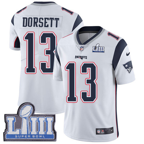 Nike Patriots #13 Phillip Dorsett White Super Bowl LIII Bound Men's Stitched NFL Vapor Untouchable Limited Jersey Nike Patriots #13 Phillip Dorsett White Super Bowl LIII Bound Men's Stitched NFL Vapor Untouchable Limited Jersey
