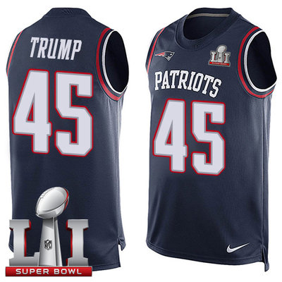 Nike Patriots #45 Donald Trump Navy Blue Team Color Super Bowl LI 51 Men's Stitched NFL Limited Tank Top Jersey