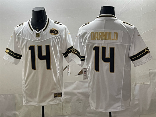 Men's Seattle Seahawks #14 Sam Darnold White Gold 2025 F.U.S.E. 50th Season Patch Vapor Limited Stitched Football Jersey Men's Seattle Seahawks #14 Sam Darnold White Gold 2025 F.U.S.E. 50th Season Patch Vapor Limited Stitched Football Jersey