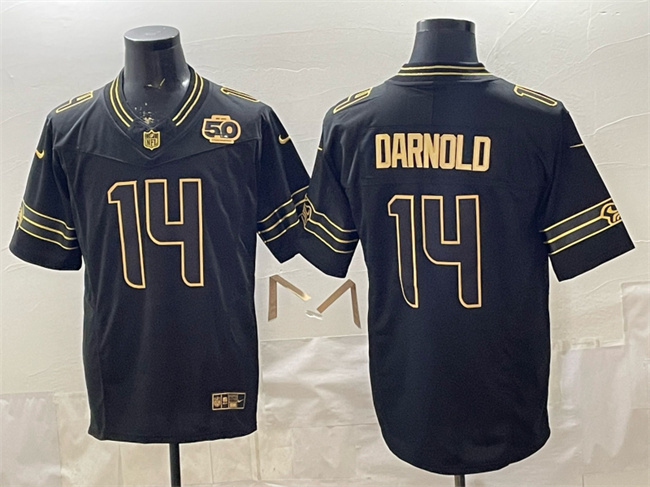 Men's Seattle Seahawks #14 Sam Darnold Black Gold 2025 F.U.S.E. 50th Season Patch Vapor Limited Stitched Football Jersey Men's Seattle Seahawks #14 Sam Darnold Black Gold 2025 F.U.S.E. 50th Season Patch Vapor Limited Stitched Football Jersey