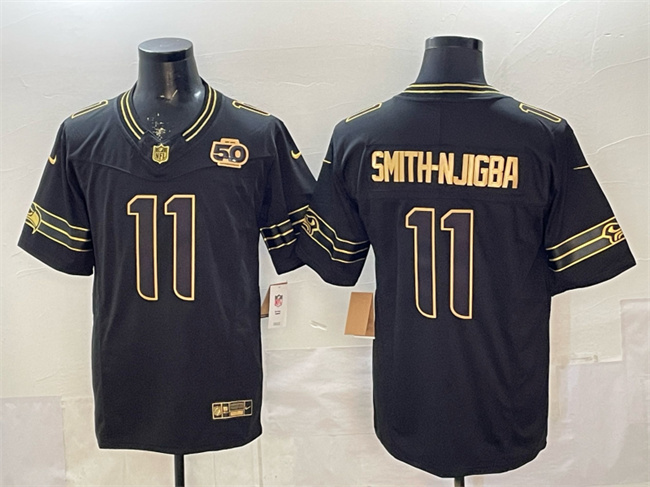 Men's Seattle Seahawks #11 Jaxon Smith-Njigba Black Gold 2025 F.U.S.E. 50th Season Patch Limited Stitched Football Jersey Men's Seattle Seahawks #11 Jaxon Smith-Njigba Black Gold 2025 F.U.S.E. 50th Season Patch Limited Stitched Football Jersey
