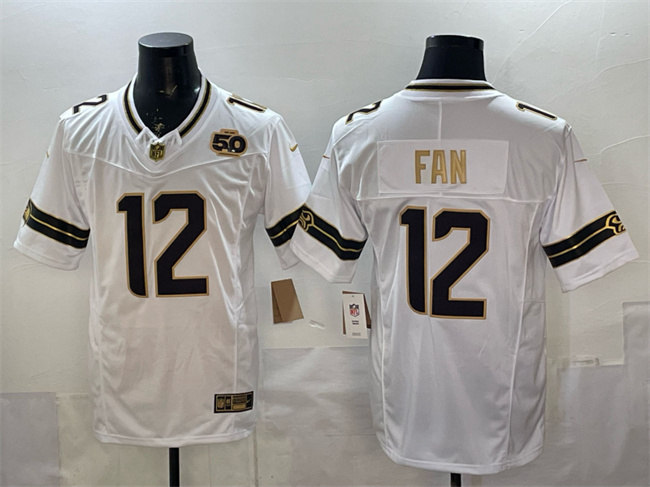 Men's Seattle Seahawks #12 Fan White Gold 2025 F.U.S.E. 50th Season Patch Limited Stitched Football Jersey Men's Seattle Seahawks #12 Fan White Gold 2025 F.U.S.E. 50th Season Patch Limited Stitched Football Jersey