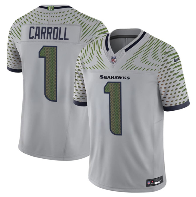 Men's Seattle Seahawks #1 Pete Carroll Grey 2025 F.U.S.E. “Rivalries” Vapor Untouchable Limited Stitched Football Jersey Men's Seattle Seahawks #1 Pete Carroll Grey 2025 F.U.S.E. “Rivalries” Vapor Untouchable Limited Stitched Football Jersey
