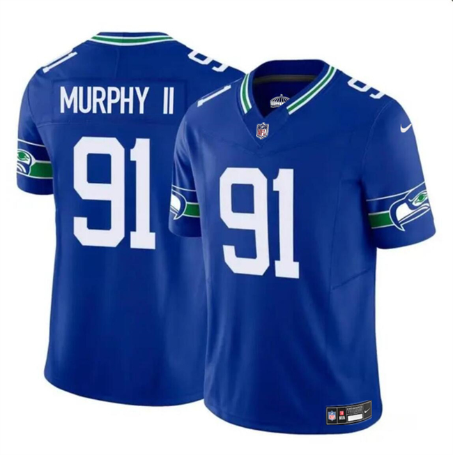 Men's Seattle Seahawks #91 Byron Murphy II Royal 2024 Draft F.U.S.E Throwback Vapor Limited Stitched Football Jersey Men's Seattle Seahawks #91 Byron Murphy II Royal 2024 Draft F.U.S.E Throwback Vapor Limited Stitched Football Jersey