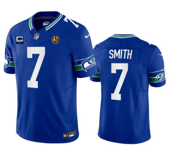 Men's Seattle Seahawks #7 Geno Smith Blue 2023 F.U.S.E. Throwback With 1-Star C Patch And John Madden Patch Vapor Limited Stitched Football Jersey Men's Seattle Seahawks #7 Geno Smith Blue 2023 F.U.S.E. Throwback With 1-Star C Patch And John Madden Patch Vapor Limited Stitched Football Jersey