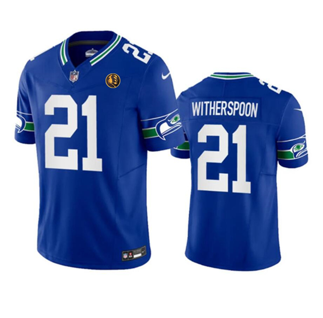 Men's Seattle Seahawks #21 Devon Witherspoon Royal 2023 F.U.S.E. Throwback With John Madden Patch Vapor Limited Stitched Football Jersey Men's Seattle Seahawks #21 Devon Witherspoon Royal 2023 F.U.S.E. Throwback With John Madden Patch Vapor Limited Stitched Football Jersey