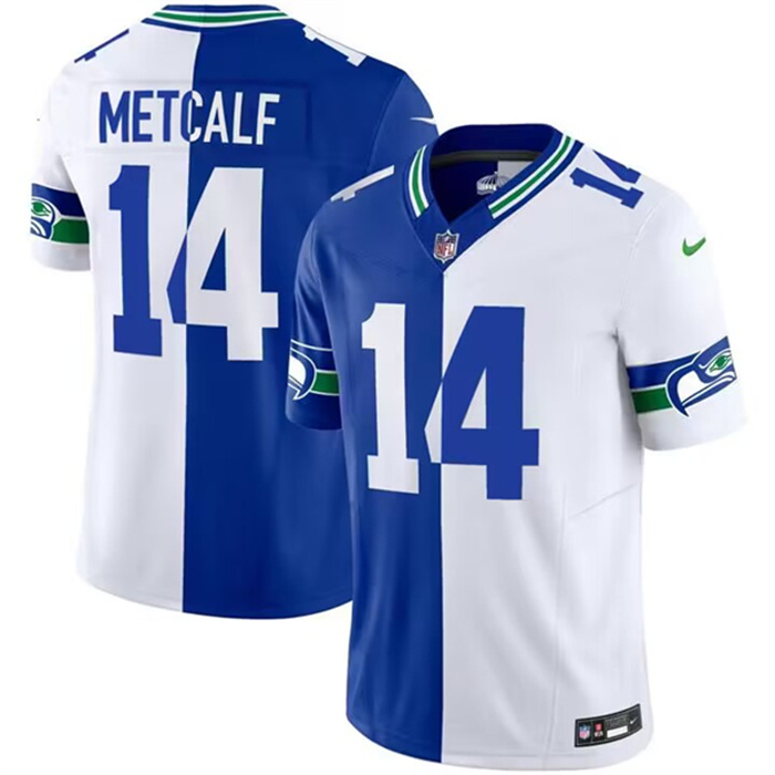 Men's Seattle Seahawks #14 D.K. Metcalf Royal White Split 2023 F.U.S.E. Throwback Vapor Limited Stitched Football Jersey Men's Seattle Seahawks #14 D.K. Metcalf Royal White Split 2023 F.U.S.E. Throwback Vapor Limited Stitched Football Jersey