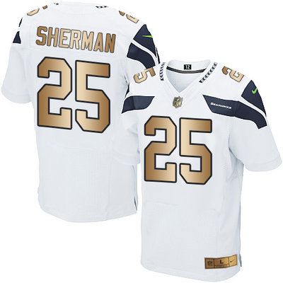 Nike Seahawks #25 Richard Sherman White Men's Stitched NFL Elite Gold Jersey Nike Seahawks #25 Richard Sherman White Men's Stitched NFL Elite Gold Jersey