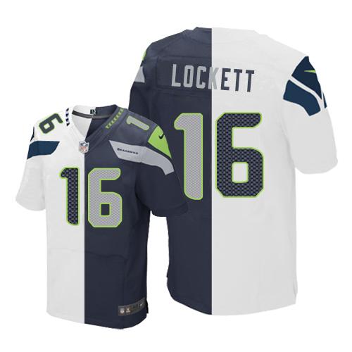 Nike Seahawks #16 Tyler Lockett White Steel Blue Men's Stitched NFL Elite Split Jersey Nike Seahawks #16 Tyler Lockett White Steel Blue Men's Stitched NFL Elite Split Jersey