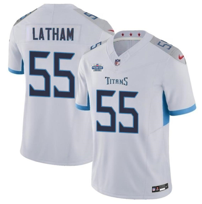 Men's Tennessee Titans #55 JC Latham White 2024 F.U.S.E With Draft Patch Vapor Limited Stitched Football Jersey Men's Tennessee Titans #55 JC Latham White 2024 F.U.S.E With Draft Patch Vapor Limited Stitched Football Jersey