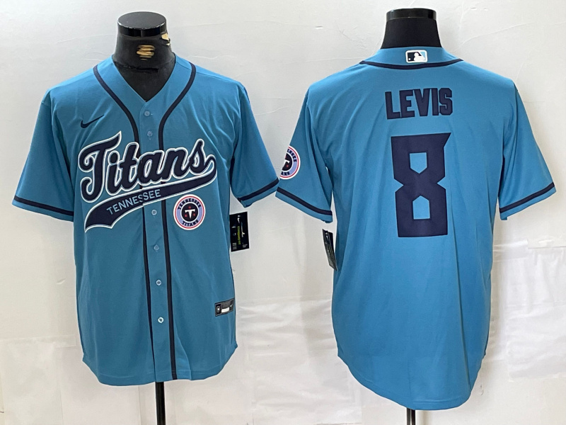 Men's Tennessee Titans #8 Will Levis Blue With Patch Cool Base Stitched Baseball Jersey 1 Men's Tennessee Titans #8 Will Levis Blue With Patch Cool Base Stitched Baseball Jersey 1