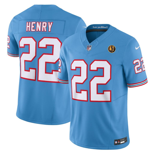 Men's Tennessee Titans #22 Derrick Henry Blue 2023 F.U.S.E. Throwback With John Madden Patch Vapor Limited Stitched Football Jersey Men's Tennessee Titans #22 Derrick Henry Blue 2023 F.U.S.E. Throwback With John Madden Patch Vapor Limited Stitched Football Jersey