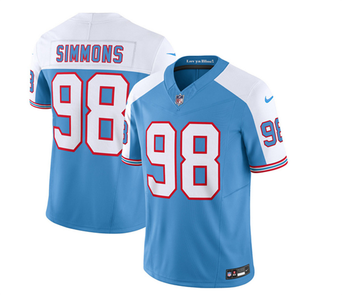 Men's Tennessee Titans #98 Jeffery Simmons Blue White 2023 F.U.S.E. Vapor Limited Throwback Stitched Football Jersey Men's Tennessee Titans #98 Jeffery Simmons Blue White 2023 F.U.S.E. Vapor Limited Throwback Stitched Football Jersey