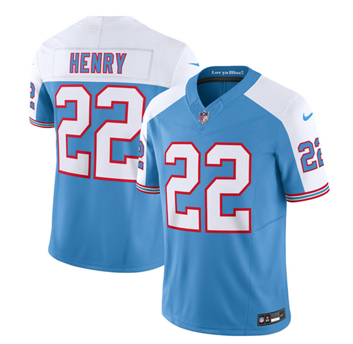 Men's Tennessee Titans #22 Derrick Henry Blue White 2023 F.U.S.E. Vapor Limited Throwback Stitched Football Jersey Men's Tennessee Titans #22 Derrick Henry Blue White 2023 F.U.S.E. Vapor Limited Throwback Stitched Football Jersey