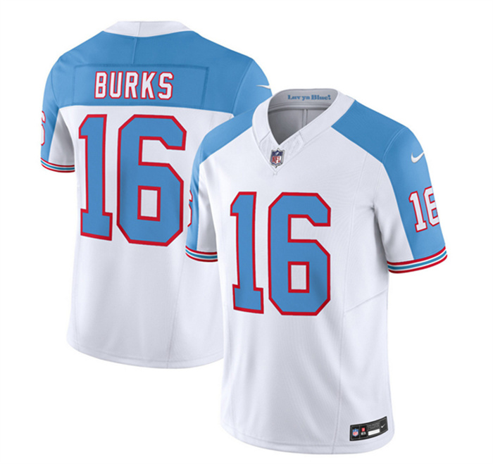 Men's Tennessee Titans #16 Treylon Burks White Blue 2023 F.U.S.E. Vapor Limited Throwback Stitched Football Jersey Men's Tennessee Titans #16 Treylon Burks White Blue 2023 F.U.S.E. Vapor Limited Throwback Stitched Football Jersey