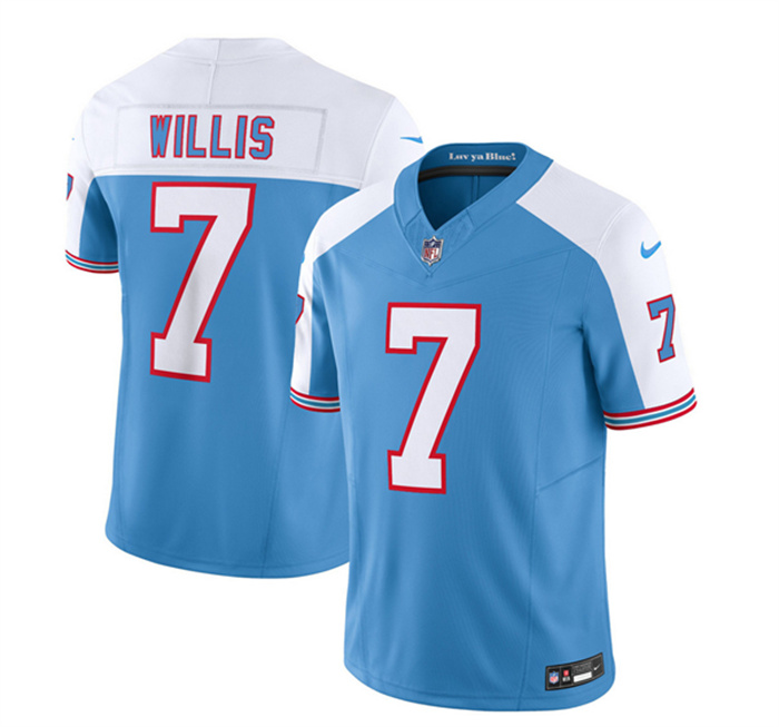 Men's Tennessee Titans #7 Malik Willis Blue White 2023 F.U.S.E. Vapor Limited Throwback Stitched Football Jersey Men's Tennessee Titans #7 Malik Willis Blue White 2023 F.U.S.E. Vapor Limited Throwback Stitched Football Jersey