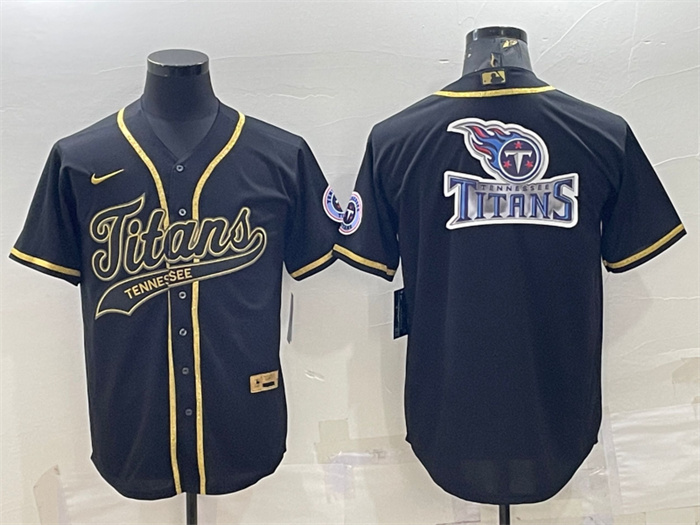 Men's Tennessee Titans Black Gold Team Big Logo With Patch Cool Base Stitched Baseball Jersey Men's Tennessee Titans Black Gold Team Big Logo With Patch Cool Base Stitched Baseball Jersey
