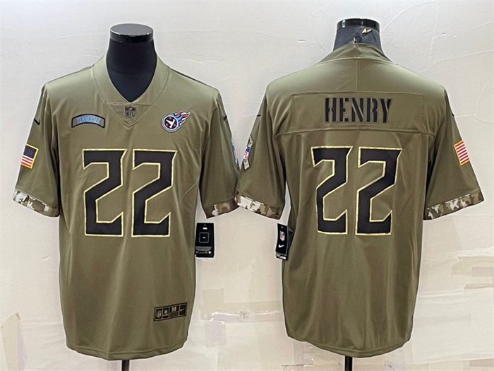 Men's Tennessee Titans #22 Derrick Henry Olive 2022 Salute To Service Limited Stitched Jersey Men's Tennessee Titans #22 Derrick Henry Olive 2022 Salute To Service Limited Stitched Jersey