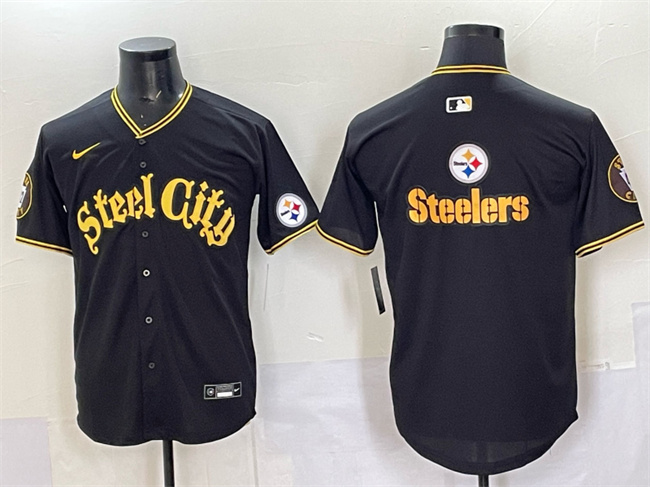Men's Pittsburgh Steelers Team Big Logo Black 412 Patch Vapor Premier Limited Stitched Baseball Jersey 1