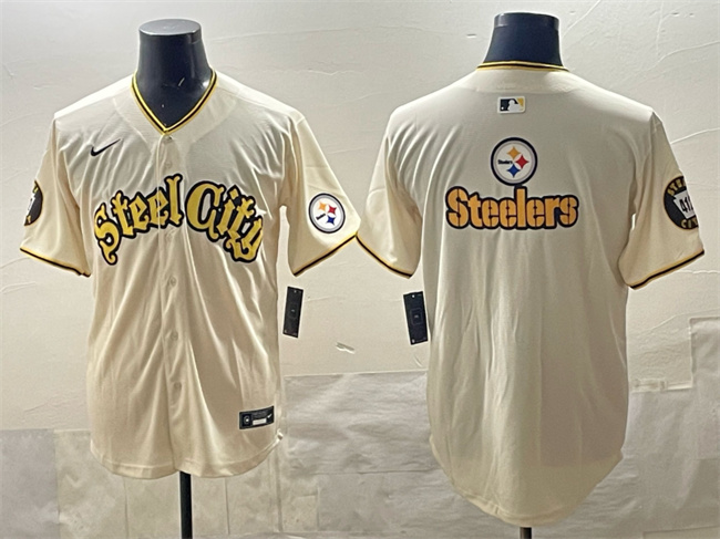 Men's Pittsburgh Steelers Team Big Logo Cream 412 Patch Vapor Premier Limited Stitched Baseball Jersey 1 Men's Pittsburgh Steelers Team Big Logo Cream 412 Patch Vapor Premier Limited Stitched Baseball Jersey 1