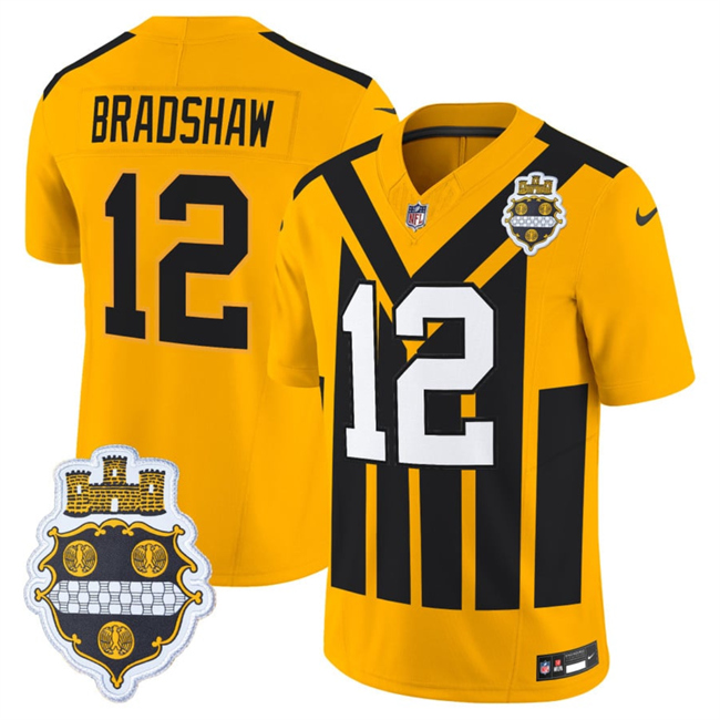 Men's Pittsburgh Steelers #12 Terry Bradshaw Gold 1933 F.U.S.E. Throwback Alternate Football Stitched Football Jersey Men's Pittsburgh Steelers #12 Terry Bradshaw Gold 1933 F.U.S.E. Throwback Alternate Football Stitched Football Jersey