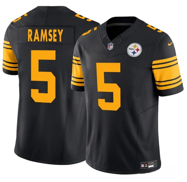 Men's Pittsburgh Steelers #5 Jalen Ramsey Black 2025 F.U.S.E. Color Rush Vapor Untouchable Limited Stitched Jersey Men's Pittsburgh Steelers #5 Jalen Ramsey Black 2025 F.U.S.E. Color Rush Vapor Untouchable Limited Stitched Jersey
