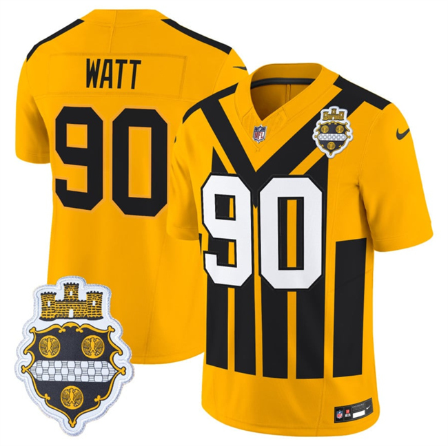 Men's Pittsburgh Steelers #90 T.J. Watt Gold 1933 F.U.S.E. Throwback Alternate Football Stitched Football Jersey