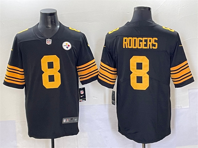 Men's Pittsburgh Steelers #8 Aaron Rodgers Black 2025 Color Rush Vapor Limited Stitched Football Jersey Men's Pittsburgh Steelers #8 Aaron Rodgers Black 2025 Color Rush Vapor Limited Stitched Football Jersey