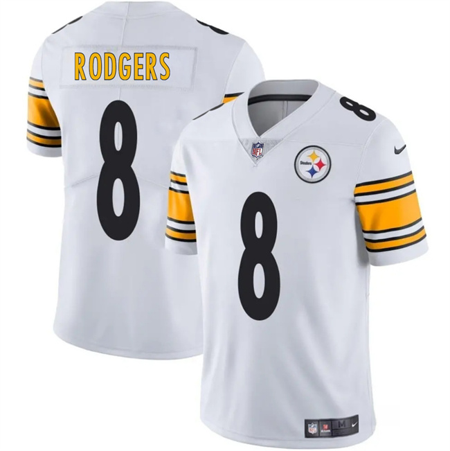 Men's Pittsburgh Steelers #8 Aaron Rodgers White 2025 Vapor Limited Stitched Football Jersey Men's Pittsburgh Steelers #8 Aaron Rodgers White 2025 Vapor Limited Stitched Football Jersey