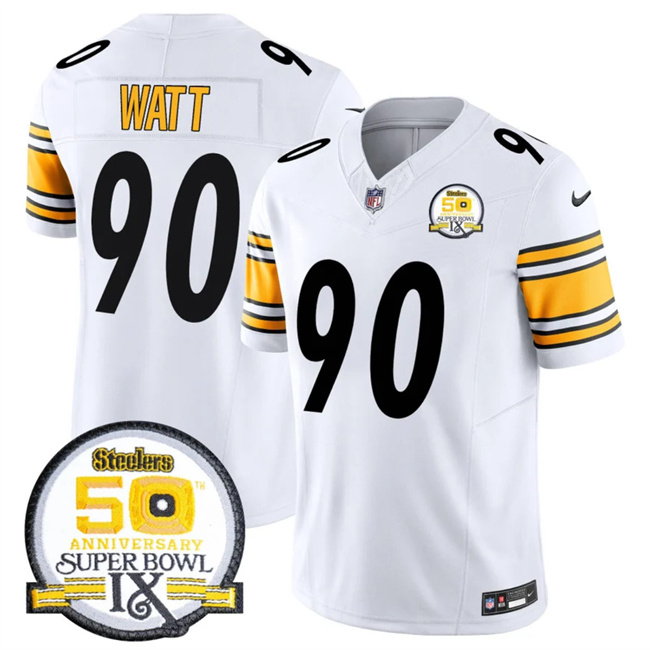 Men's Pittsburgh Steelers #90 T.J. Watt White 2024 F.U.S.E. 50th Anniversary Of Super Bowl IX Alternate Vapor Untouchable Limited Stitched Jersey Men's Pittsburgh Steelers #90 T.J. Watt White 2024 F.U.S.E. 50th Anniversary Of Super Bowl IX Alternate Vapor Untouchable Limited Stitched Jersey