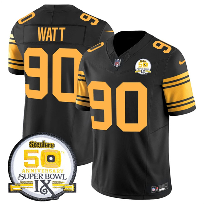 Men's Pittsburgh Steelers #90 T.J. Watt Black 2024 F.U.S.E. 50th Anniversary Of Super Bowl IX Color Rush Limited Stitched Jersey Men's Pittsburgh Steelers #90 T.J. Watt Black 2024 F.U.S.E. 50th Anniversary Of Super Bowl IX Color Rush Limited Stitched Jersey