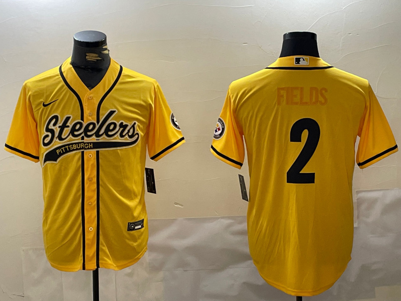 Men's Pittsburgh Steelers #2 Justin Fields Yellow With Patch Cool Base Stitched Baseball Jersey Men's Pittsburgh Steelers #2 Justin Fields Yellow With Patch Cool Base Stitched Baseball Jersey