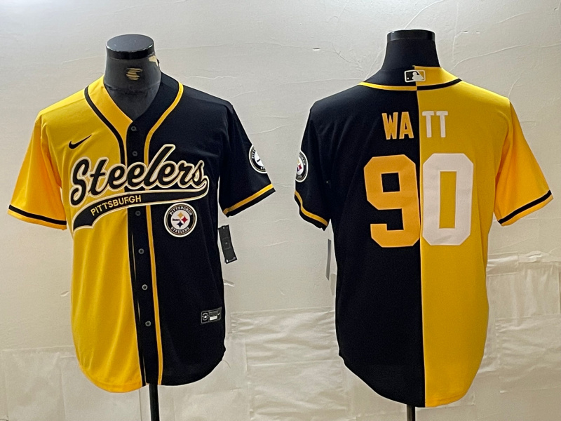Men's Pittsburgh Steelers #90 T. J. Watt Yellow Black Split With Patch Cool Base Stitched Baseball Jerseys Men's Pittsburgh Steelers #90 T. J. Watt Yellow Black Split With Patch Cool Base Stitched Baseball Jerseys
