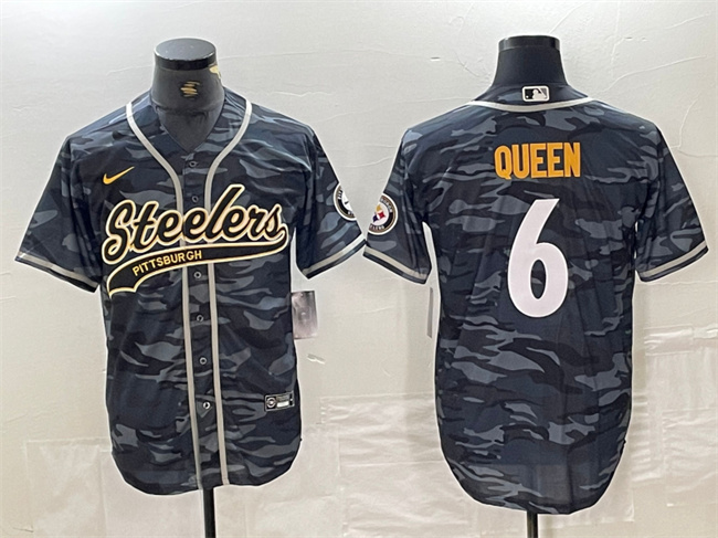 Men's Pittsburgh Steelers #6 Patrick Queen Grey Camo With Patch Cool Base Stitched Baseball Jersey Men's Pittsburgh Steelers #6 Patrick Queen Grey Camo With Patch Cool Base Stitched Baseball Jersey