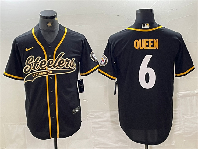 Men's Pittsburgh Steelers #6 Patrick Queen Black With Patch Cool Base Stitched Baseball Jersey Men's Pittsburgh Steelers #6 Patrick Queen Black With Patch Cool Base Stitched Baseball Jersey