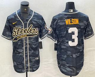 Men's Pittsburgh Steelers #3 Russell Wilson Camo With Patch Cool Base Stitched Baseball Jersey Men's Pittsburgh Steelers #3 Russell Wilson Camo With Patch Cool Base Stitched Baseball Jersey