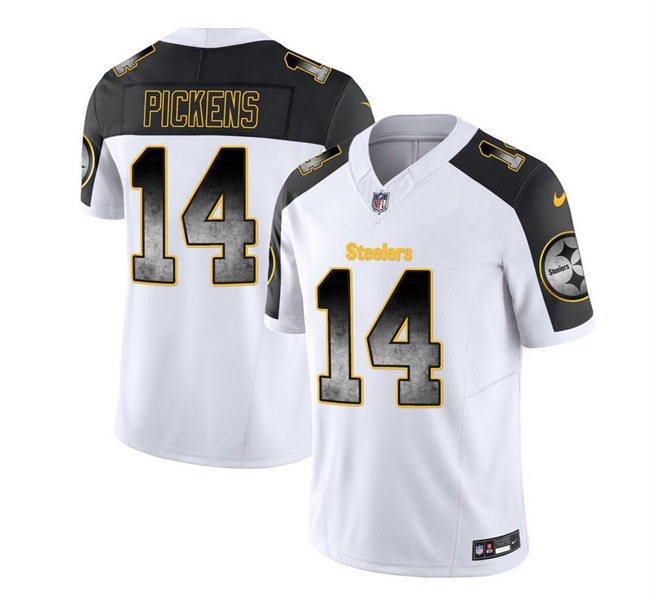 Men's Pittsburgh Steelers #14 George Pickens White Black 2023 F.U.S.E. Smoke Vapor Untouchable Limited Stitched Jersey Men's Pittsburgh Steelers #14 George Pickens White Black 2023 F.U.S.E. Smoke Vapor Untouchable Limited Stitched Jersey