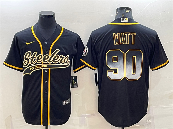 Men's Pittsburgh Steelers #90 T.J. Watt Black Gold With Patch Cool Base Stitched Baseball Jersey Men's Pittsburgh Steelers #90 T.J. Watt Black Gold With Patch Cool Base Stitched Baseball Jersey