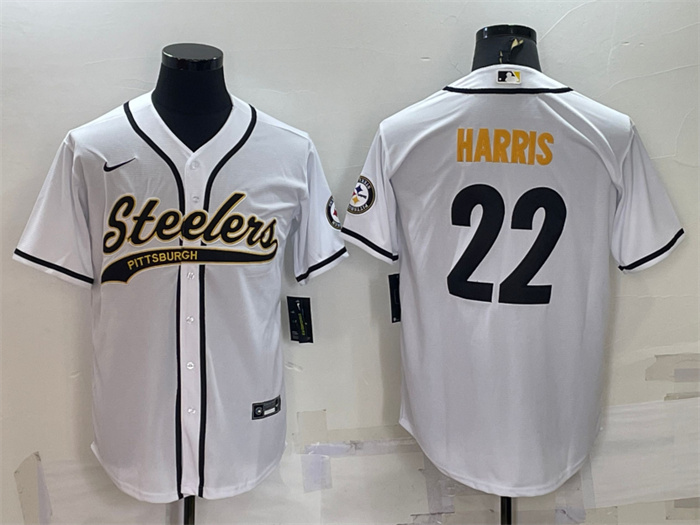 Men's Pittsburgh Steelers #22 Najee Harris White With Patch Cool Base Stitched Baseball Jersey Men's Pittsburgh Steelers #22 Najee Harris White With Patch Cool Base Stitched Baseball Jersey