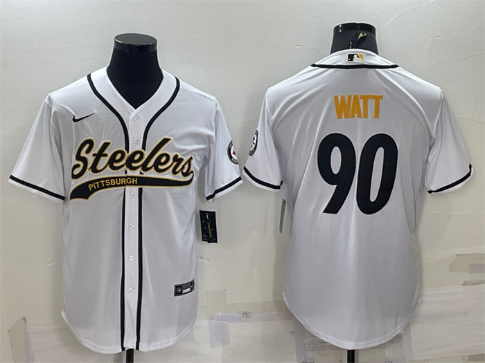 Men's Pittsburgh Steelers #90 T.J. Watt White With Patch Cool Base Stitched Baseball Jersey Men's Pittsburgh Steelers #90 T.J. Watt White With Patch Cool Base Stitched Baseball Jersey