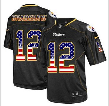 NEW Pittsburgh Steelers #12 Terry Bradshaw Black NFL Elite USA Flag Fashion Jersey