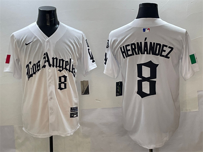 Men's Los Angeles Dodgers #8 Enrique Hernández White Mexico 2025 LA Gothic Style With Fernando Patch Vapor Premier Limited Stitched Baseball Jersey Men's Los Angeles Dodgers #8 Enrique Hernández White Mexico 2025 LA Gothic Style With Fernando Patch Vapor Premier Limited Stitched Baseball Jersey