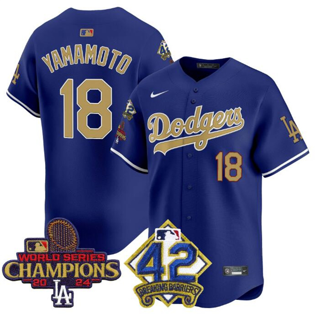 Men's Los Angeles Dodgers #18 Yoshinobu Yamamoto Royal Gold 2024 World Series Champions & #42 Jackie Robinson Patch Vapor Limited Stitched Baseball Jersey Men's Los Angeles Dodgers #18 Yoshinobu Yamamoto Royal Gold 2024 World Series Champions & #42 Jackie Robinson Patch Vapor Limited Stitched Baseball Jersey