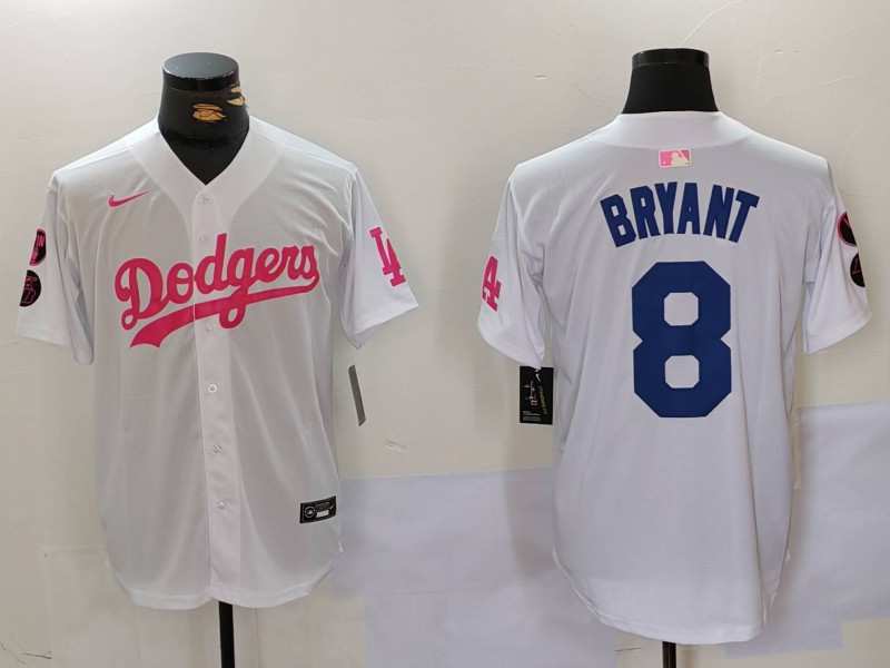 Men's Los Angeles Dodgers #8 Kobe Bryant White Pink Vin & Kobe Patch Stitched Baseball Jersey 9