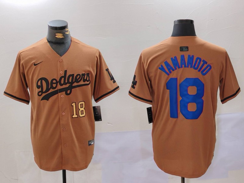 Men's Los Angeles Dodgers #18 Yoshinobu Yamamoto Brown Cool Base Stitched Baseball Jersey 1