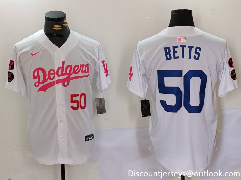 Men's Los Angeles Dodgers #50 Mookie Betts White Pink Vin & Kobe Patch Stitched Baseball Jersey 5