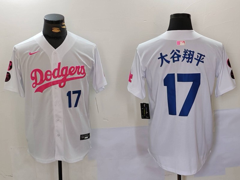 Men's Los Angeles Dodgers #17 太谷翔平 White Pink Vin & Kobe Patch Stitched Baseball Jersey 1