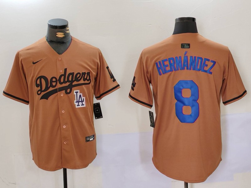 Men's Los Angeles Dodgers #8 Kiké Hernández Brown Cool Base Stitched Baseball Jersey 5 Men's Los Angeles Dodgers #8 Kiké Hernández Brown Cool Base Stitched Baseball Jersey 5