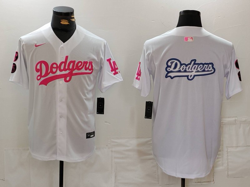 Men's Los Angeles Dodgers Team Big Logo White Pink Vin & Kobe Patch Stitched Baseball Jersey 7 Men's Los Angeles Dodgers Team Big Logo White Pink Vin & Kobe Patch Stitched Baseball Jersey 7